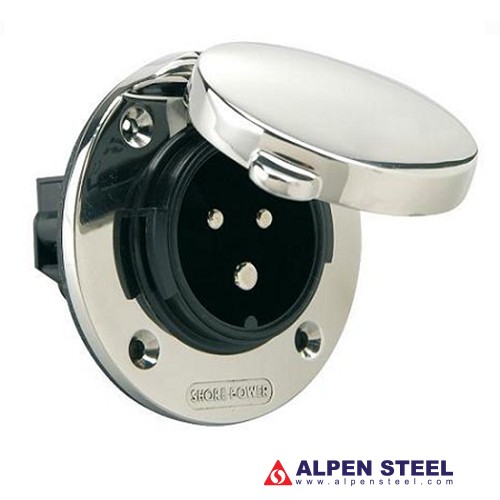 Power Inlet stainless with cover 16A/250Vac (2p/3w)